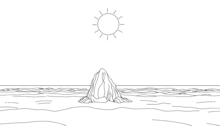 Um desenho minimalista de um sol com raios, um corpo de água com linhas horizontais de ondas e uma montanha ou formação rochosa no meio, tudo em um color panel.