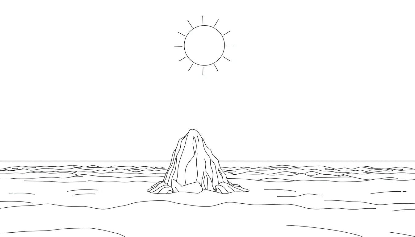 Um desenho minimalista de um sol com raios, um corpo de água com linhas horizontais de ondas e uma montanha ou formação rochosa no meio, tudo em um color panel.