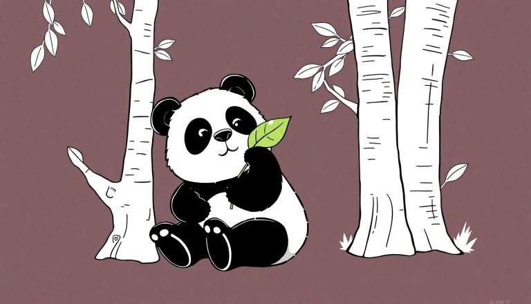 Um panda fofo com manchas pretas e brancas sentado em uma clareira roxa, segurando uma folha verde. Este color panel mostra um panda adorável.