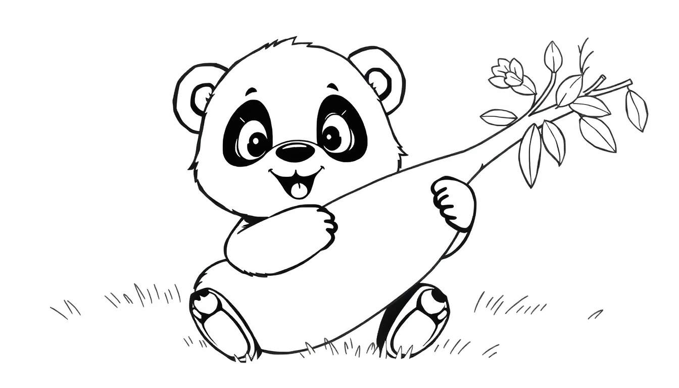 Um panda sorridente comendo bambu, desenho para colorir em preto e branco com color panel.