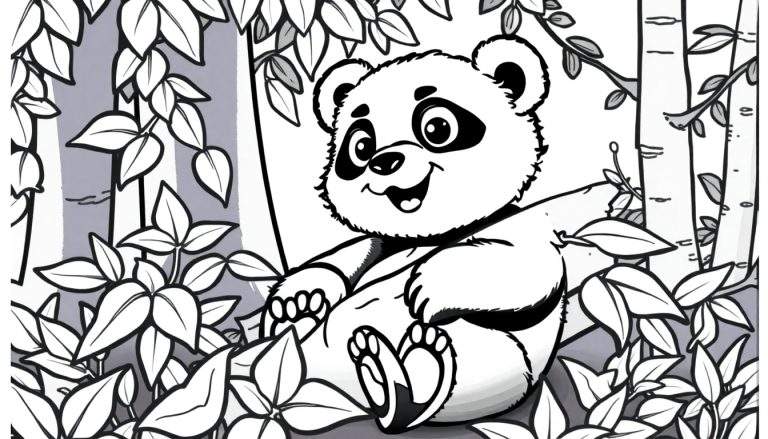 Um desenho fofo de um panda bebê relaxando em uma floresta colorida, pronto para ser pintado com o seu color panel favorito.