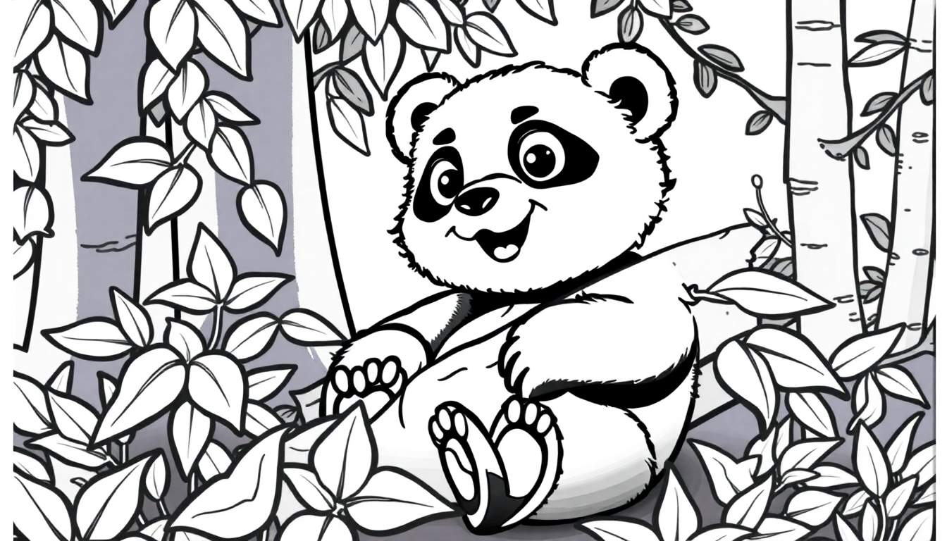 Um desenho fofo de um panda bebê relaxando em uma floresta colorida, pronto para ser pintado com o seu color panel favorito.