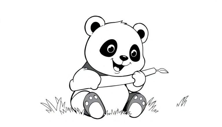 Um adorável panda fofo comendo bambu em um campo verde, pronto para colorir.