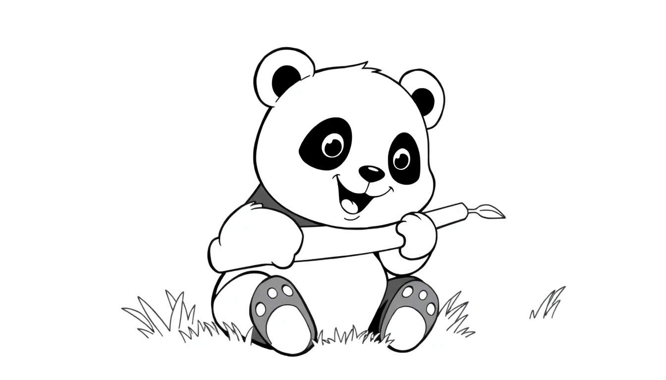 Um adorável panda fofo comendo bambu em um campo verde, pronto para colorir.