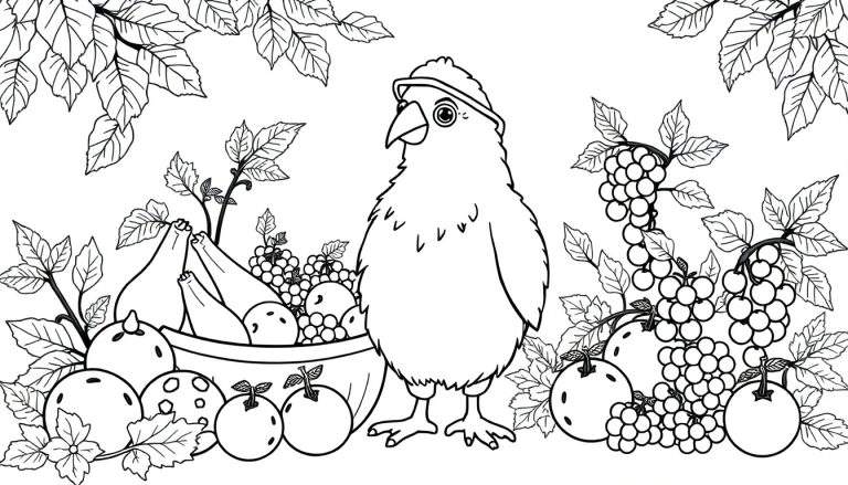 Página de colorir de um papagaio com touca e tigela de frutas.