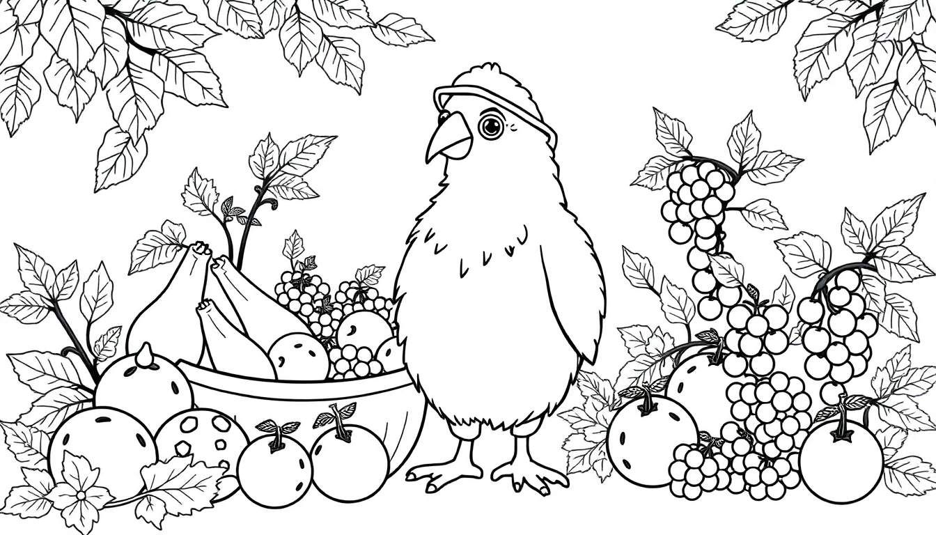 Página de colorir de um papagaio com touca e tigela de frutas.