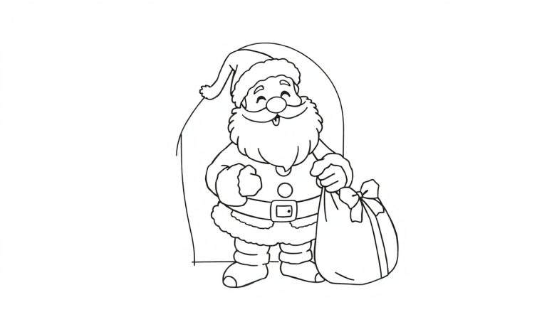 Papai Noel de linhas simples com um saco de presentes, pronto para ser colorido.