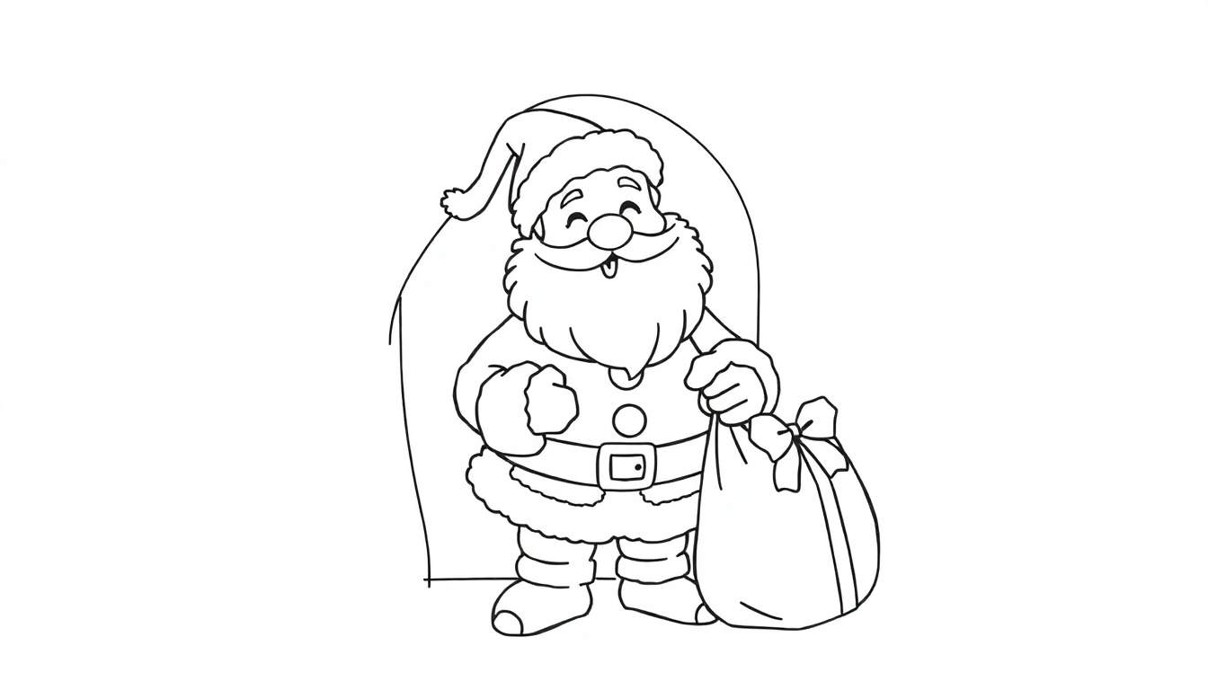 Papai Noel de linhas simples com um saco de presentes, pronto para ser colorido.
