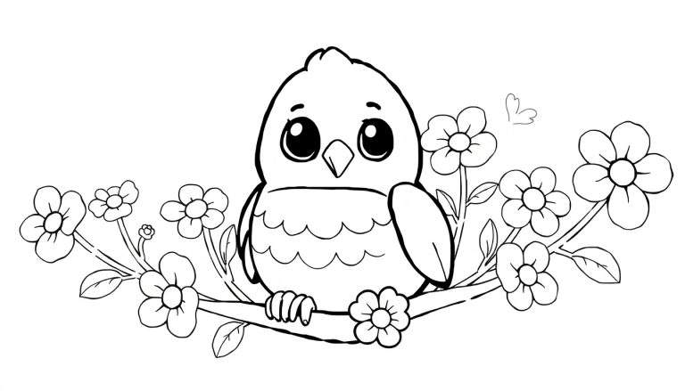 Página de colorir em preto e branco de um passarinho fofo em um galho com flores, para colorir. Inclui um pequeno coração. Ideal para crianças.