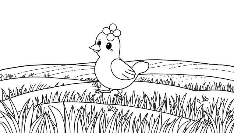 Um passarinho fofo com uma flor na cabeça, olhando para a esquerda em um campo com grama e colinas. O céu está branco, pronto para colorir no color panel.