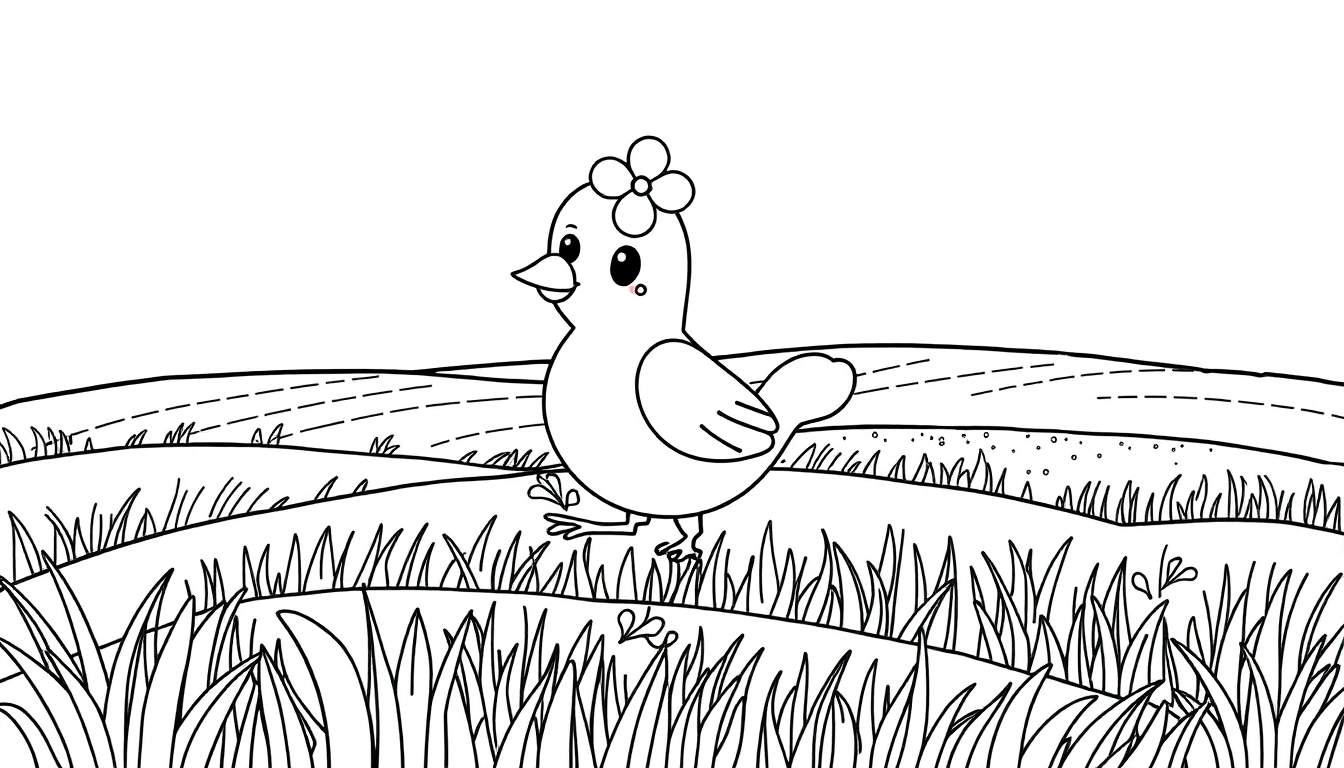 Um passarinho fofo com uma flor na cabeça, olhando para a esquerda em um campo com grama e colinas. O céu está branco, pronto para colorir no color panel.