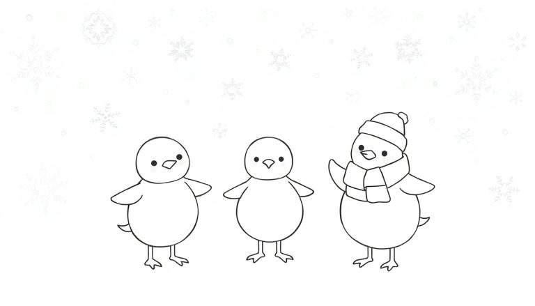 Três passarinhos fofos em estilo de desenho animado com flocos de neve caindo. Um tem gorro e cachecol.