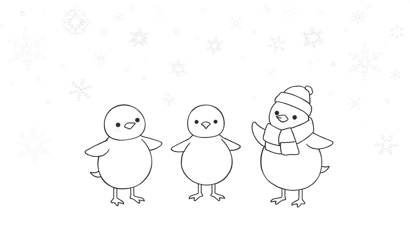 Três passarinhos fofos em estilo de desenho animado com flocos de neve caindo. Um tem gorro e cachecol.