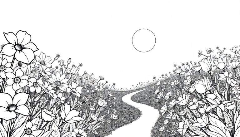 Um campo florido com um caminho branco sinuoso sob um sol circular. Desenho a preto e branco com texturas densas e sombreadas, evocando tranquilidade e beleza natural. Inclui um color panel.