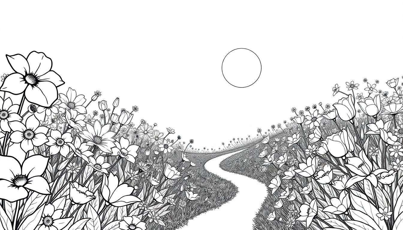 Um campo florido com um caminho branco sinuoso sob um sol circular. Desenho a preto e branco com texturas densas e sombreadas, evocando tranquilidade e beleza natural. Inclui um color panel.