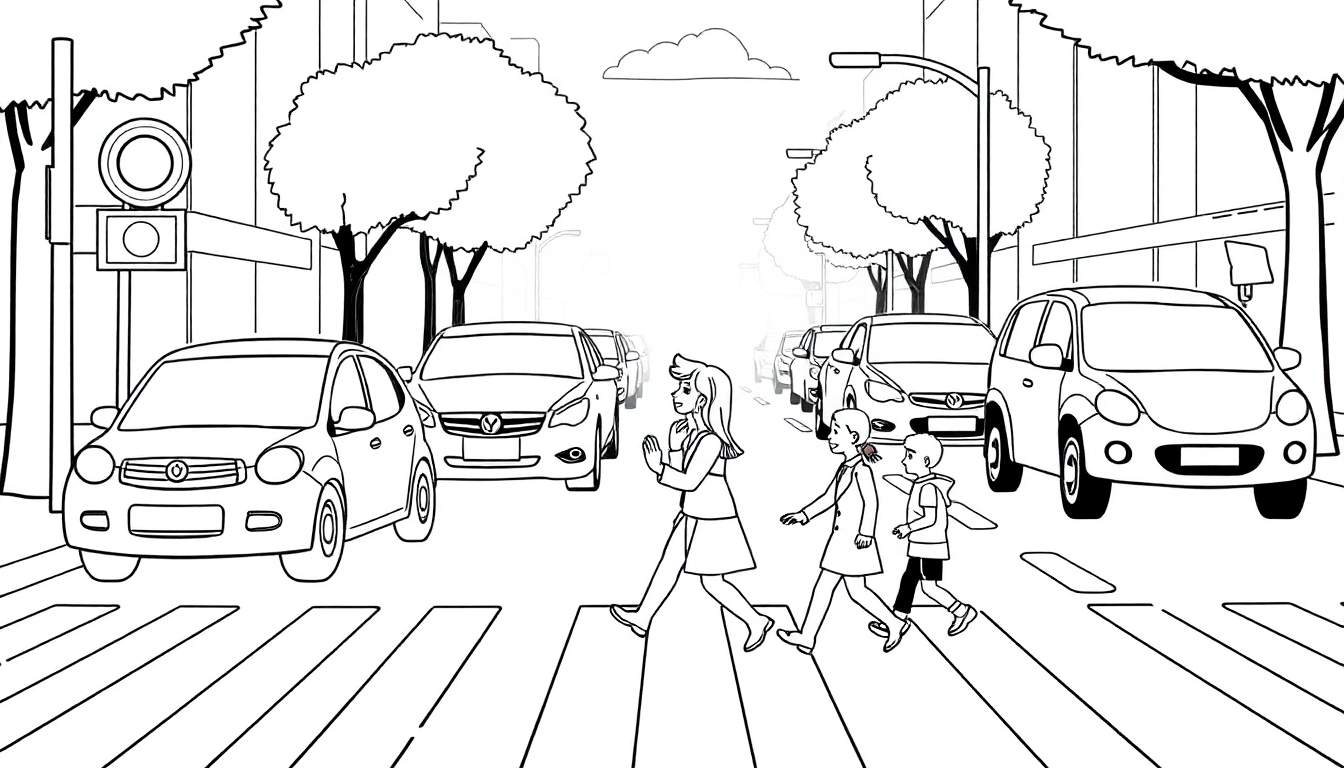 Uma família atravessa uma rua em preto e branco, com carros parados.
