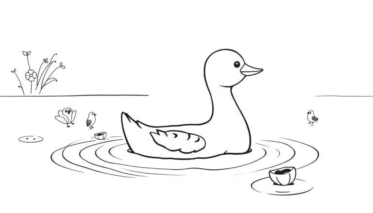Desenho em preto e branco de um pato nadando em um lago, com pequenos pássaros e plantas no primeiro plano, em um estilo simples e infantil. O pato é o foco central.