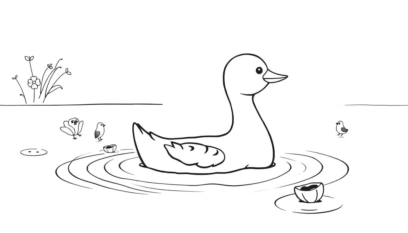 Desenho em preto e branco de um pato nadando em um lago, com pequenos pássaros e plantas no primeiro plano, em um estilo simples e infantil. O pato é o foco central.