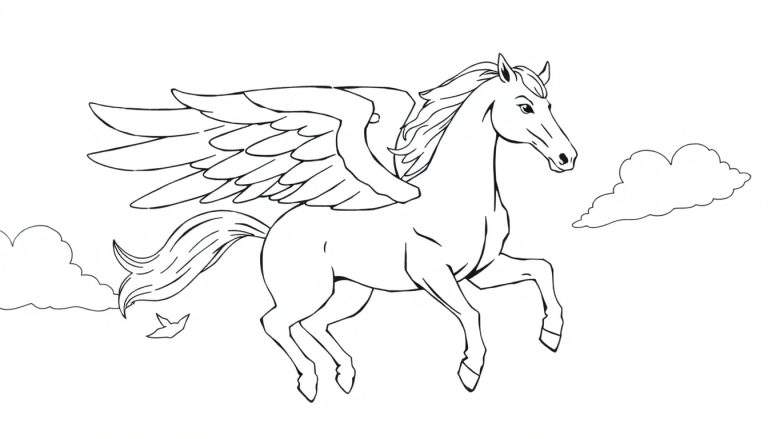 Um desenho a preto e branco de um Pegasus a voar entre nuvens, com asas detalhadas e crina e cauda esvoaçantes, sugerindo um color panel.