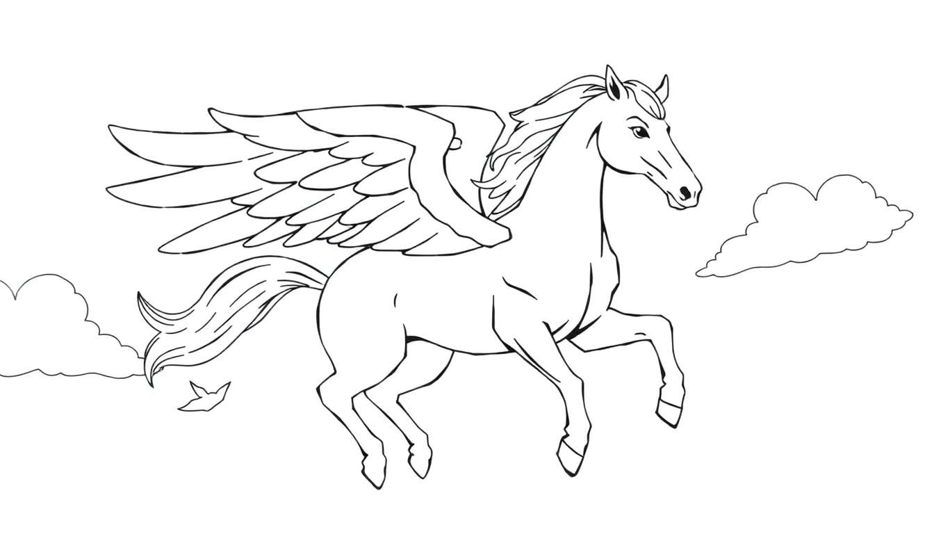 Um desenho a preto e branco de um Pegasus a voar entre nuvens, com asas detalhadas e crina e cauda esvoaçantes, sugerindo um color panel.