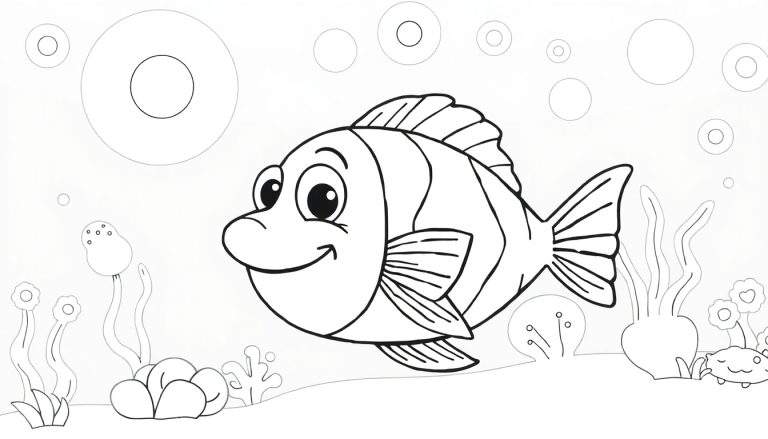 Página para colorir de um peixe sorridente com bolhas e plantas marinhas.