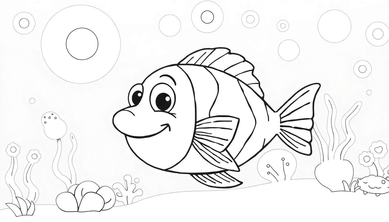 Página para colorir de um peixe sorridente com bolhas e plantas marinhas.
