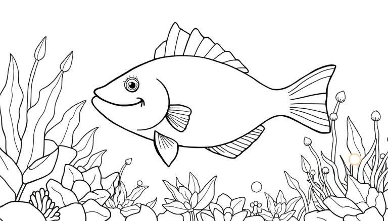 Um peixe colorido nadando em um aquário de desenho para colorir com algas e nenúfares.