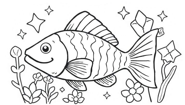 Peixe preto com contorno e listras, nadando entre plantas e flores com estrelas acima, estilo de livro de colorir.