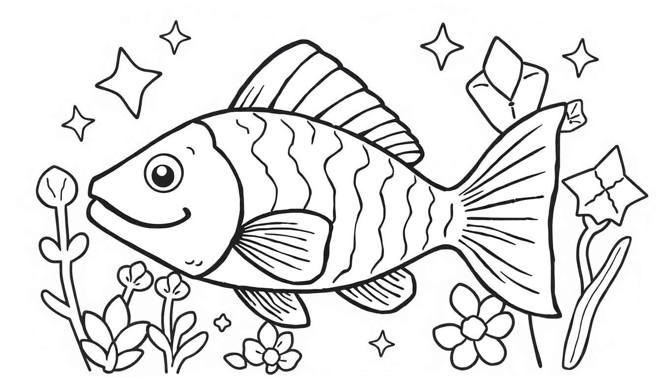 Peixe preto com contorno e listras, nadando entre plantas e flores com estrelas acima, estilo de livro de colorir.