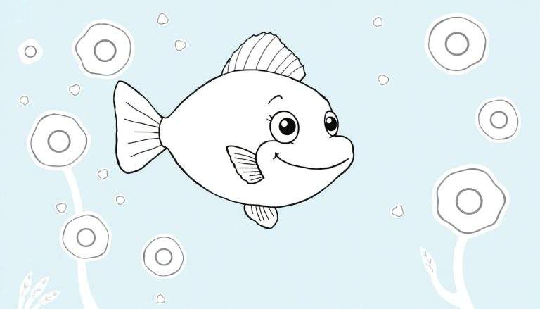 Um peixe sorridente em preto e branco nadando, com bolhas e plantas aquáticas estilizadas. Um color panel divertido.