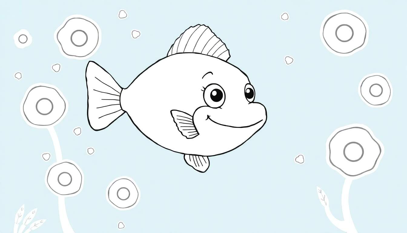 Um peixe sorridente em preto e branco nadando, com bolhas e plantas aquáticas estilizadas. Um color panel divertido.