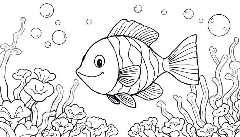 Um peixinho sorridente com listras e barbatanas raiado nadando em um mar de plantas marinhas e bolhas, em um desenho simples para colorir. Um color panel para a imaginação.