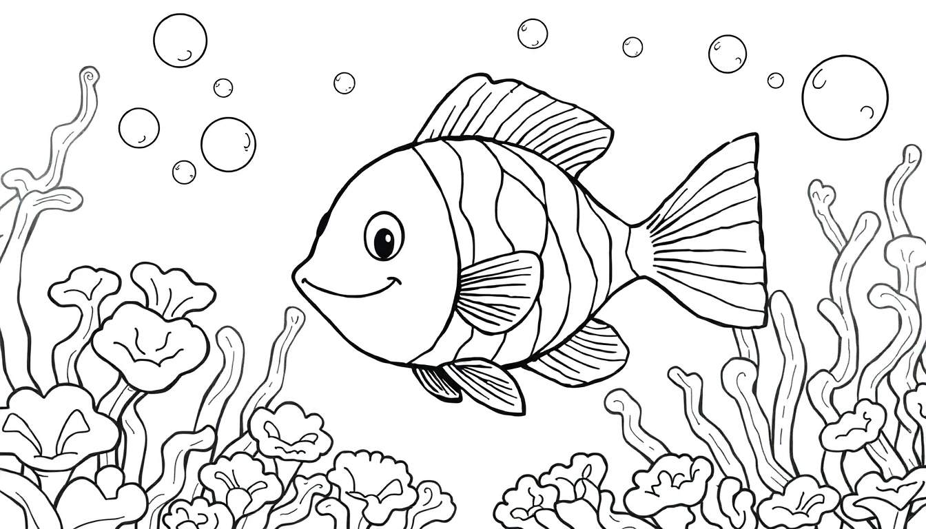 Um peixinho sorridente com listras e barbatanas raiado nadando em um mar de plantas marinhas e bolhas, em um desenho simples para colorir. Um color panel para a imaginação.