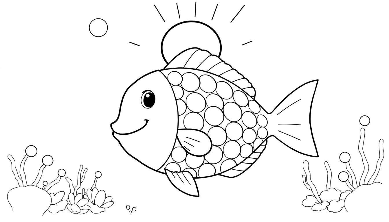Ilustração em preto e branco de um peixe sorridente com bolhas e algas marinhas.