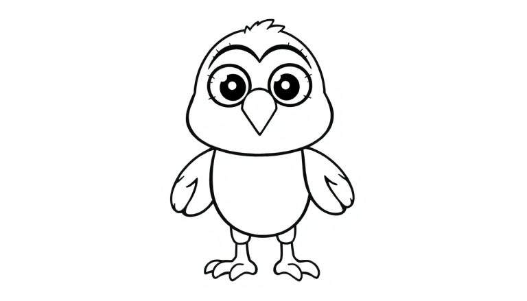 Um adorável pássaro desenhado em preto e branco, pronto para colorir.