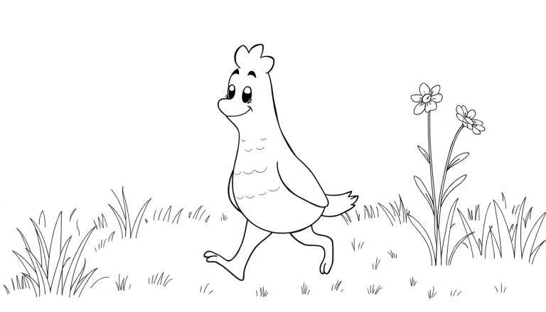 Um desenho em preto e branco de um peru sorridente andando em um campo com grama e flores, como um painel de colorir.