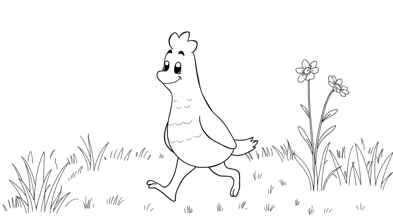Um desenho em preto e branco de um peru sorridente andando em um campo com grama e flores, como um painel de colorir.