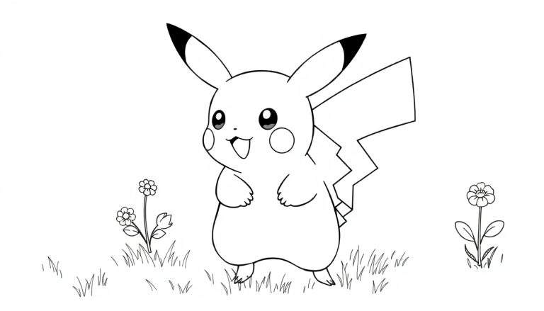 Pikachu em preto e branco em um campo de grama, pronto para ser colorido em um color panel.