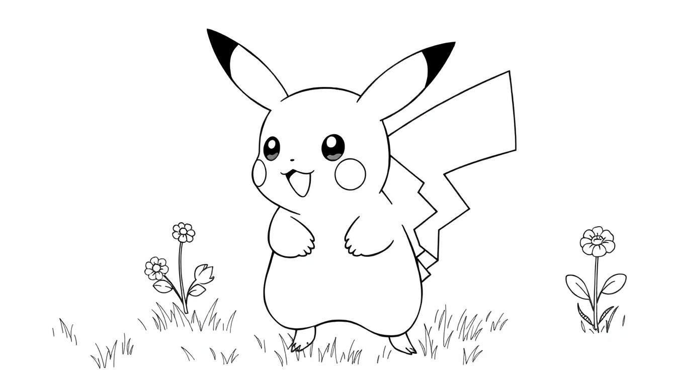 Pikachu em preto e branco em um campo de grama, pronto para ser colorido em um color panel.