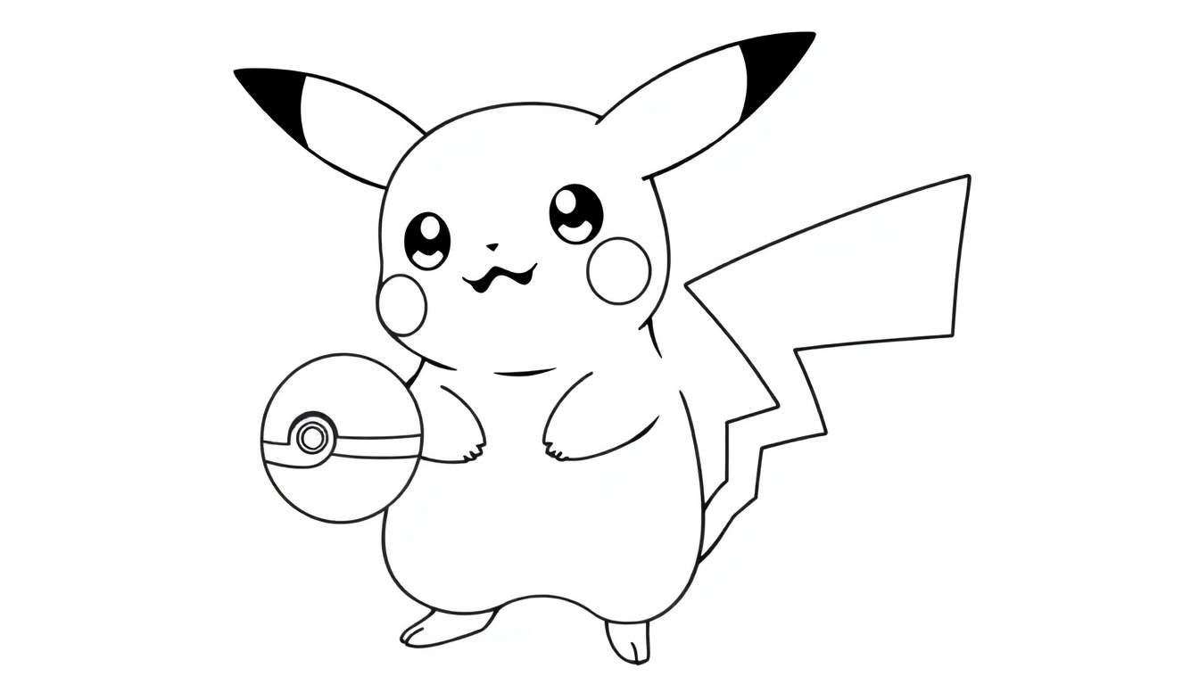 Desenho de Pikachu com uma Poké Bola, pronto para colorir.