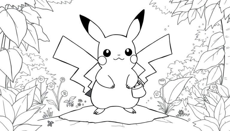 Desenho em preto e branco de Pikachu com uma cesta em uma floresta densa, pronto para colorir.
