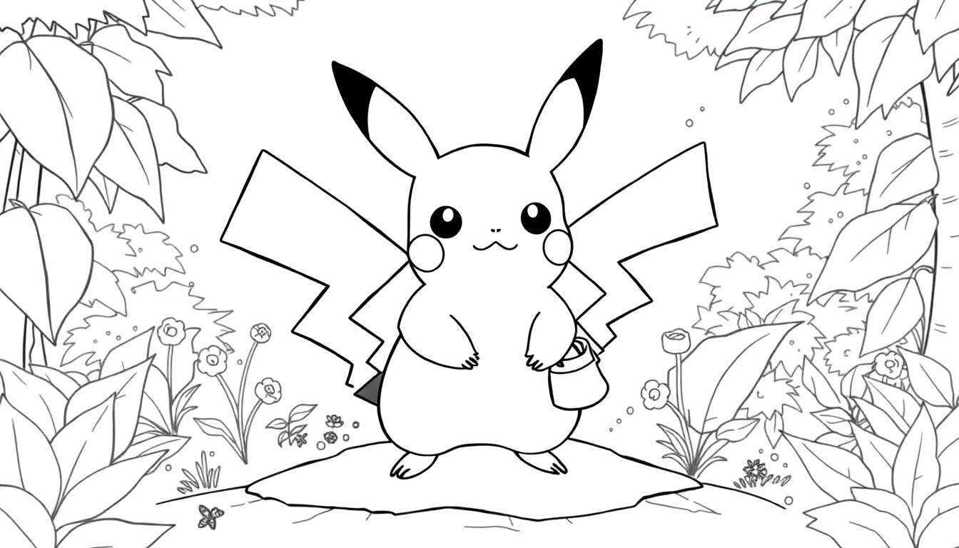 Desenho em preto e branco de Pikachu com uma cesta em uma floresta densa, pronto para colorir.