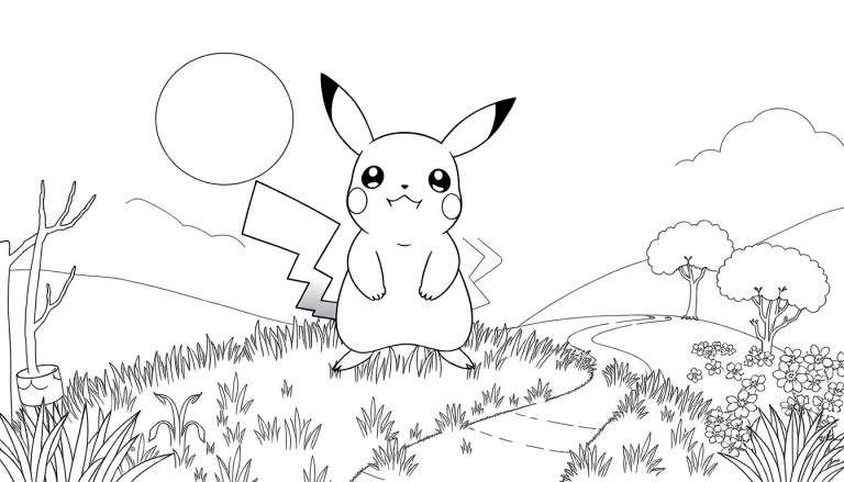 Pikachu em preto e branco, de frente, com as mãos juntas, rodeado por grama, flores e árvores, com montanhas e lua ao fundo, num estilo de desenho animado para colorir.