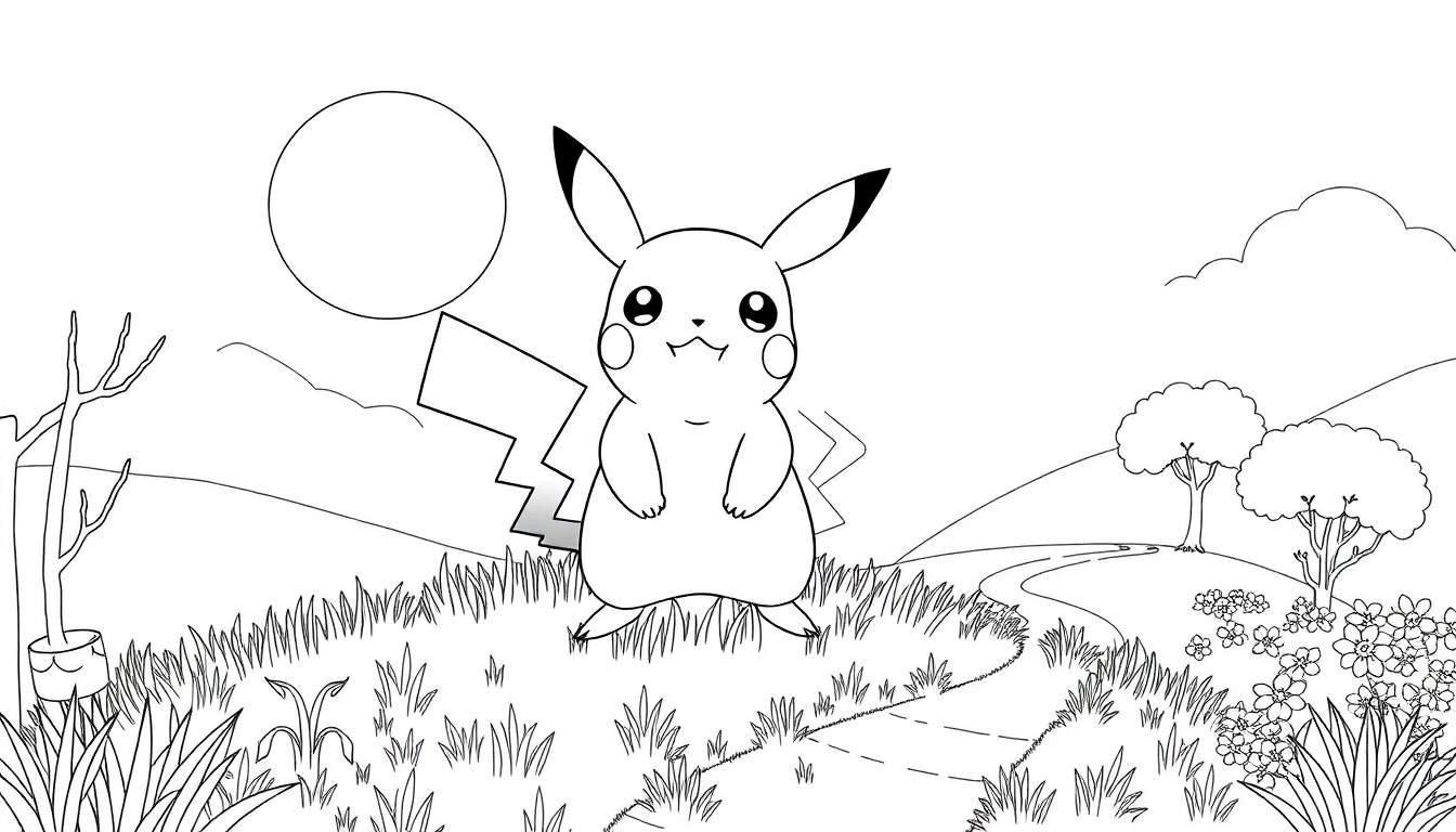 Pikachu em preto e branco, de frente, com as mãos juntas, rodeado por grama, flores e árvores, com montanhas e lua ao fundo, num estilo de desenho animado para colorir.