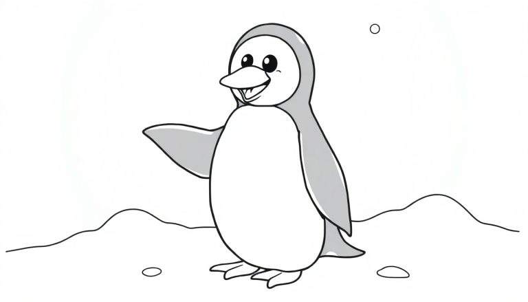 Um pinguim sorridente acenando na neve, pronto para colorir.
