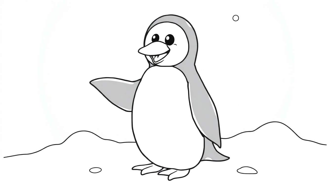 Um pinguim sorridente acenando na neve, pronto para colorir.