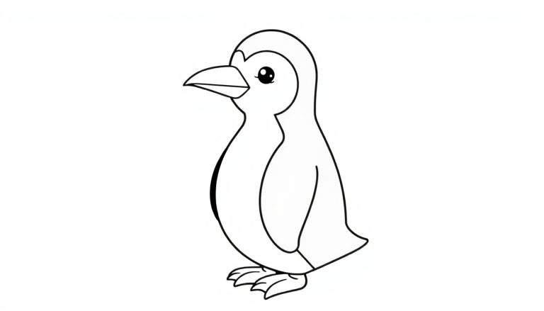 Um pinguim de desenho animado com linhas pretas grossas sobre um fundo branco.