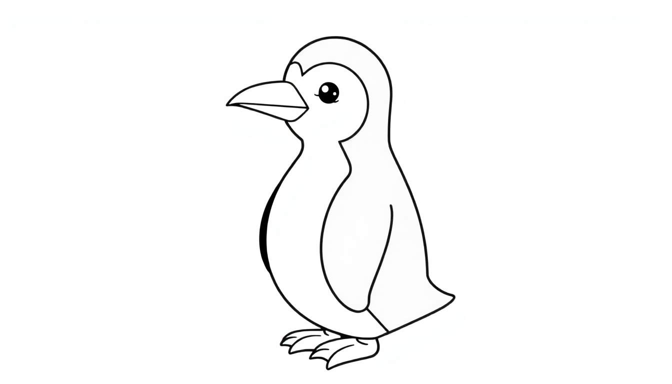 Um pinguim de desenho animado com linhas pretas grossas sobre um fundo branco.