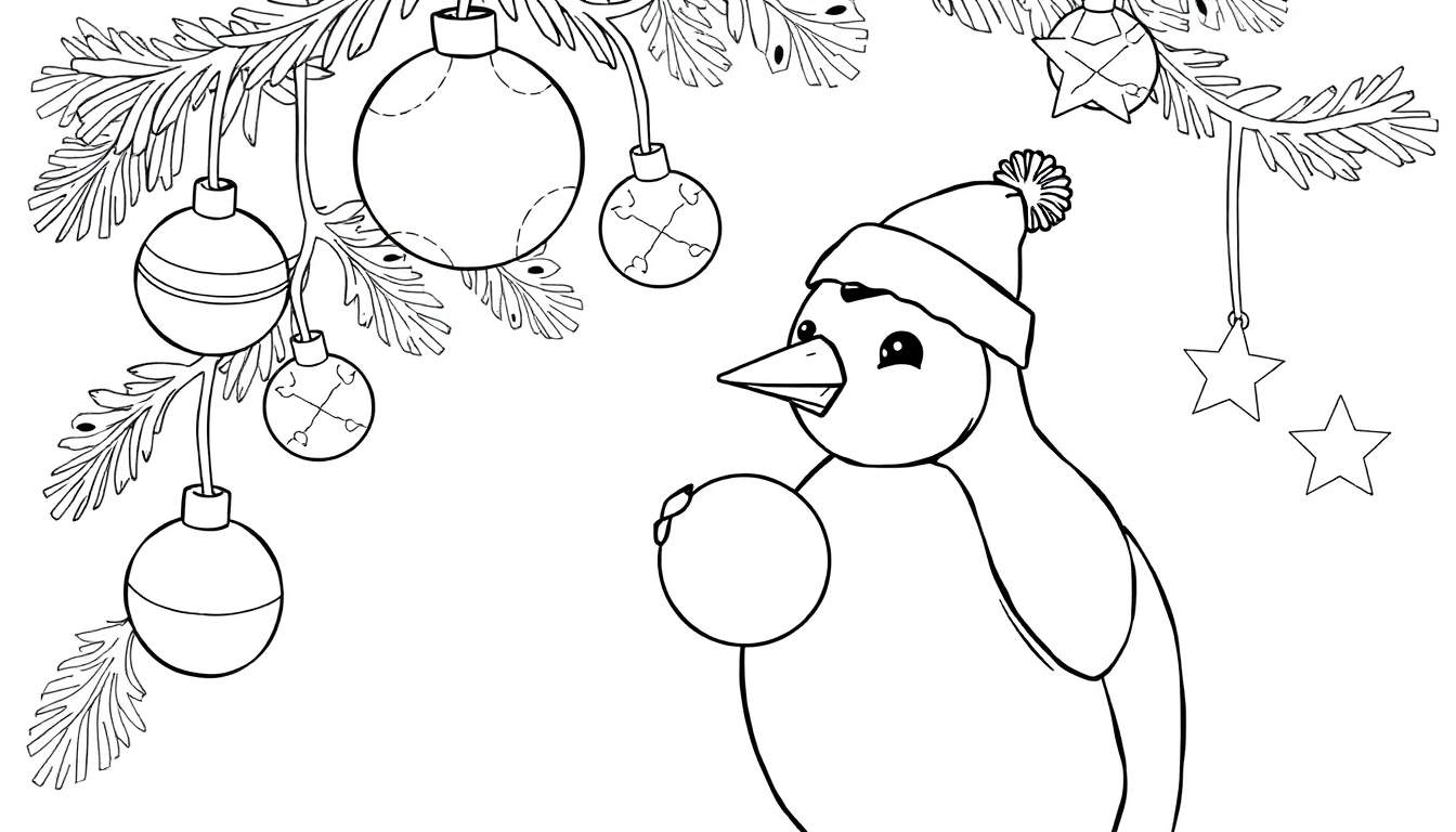 Um pinguim de desenho animado usando um gorro e cachecol, segurando um ornamento de Natal, sob um pinheiro decorado. Desenho em preto e branco, perfeito para um color panel.