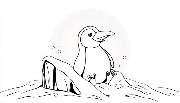 Um pinguim sorridente em um color panel, deslizando feliz em um monte de gelo brilhante, cercado por flocos de neve fofinhos em um dia frio e ensolarado no Ártico.